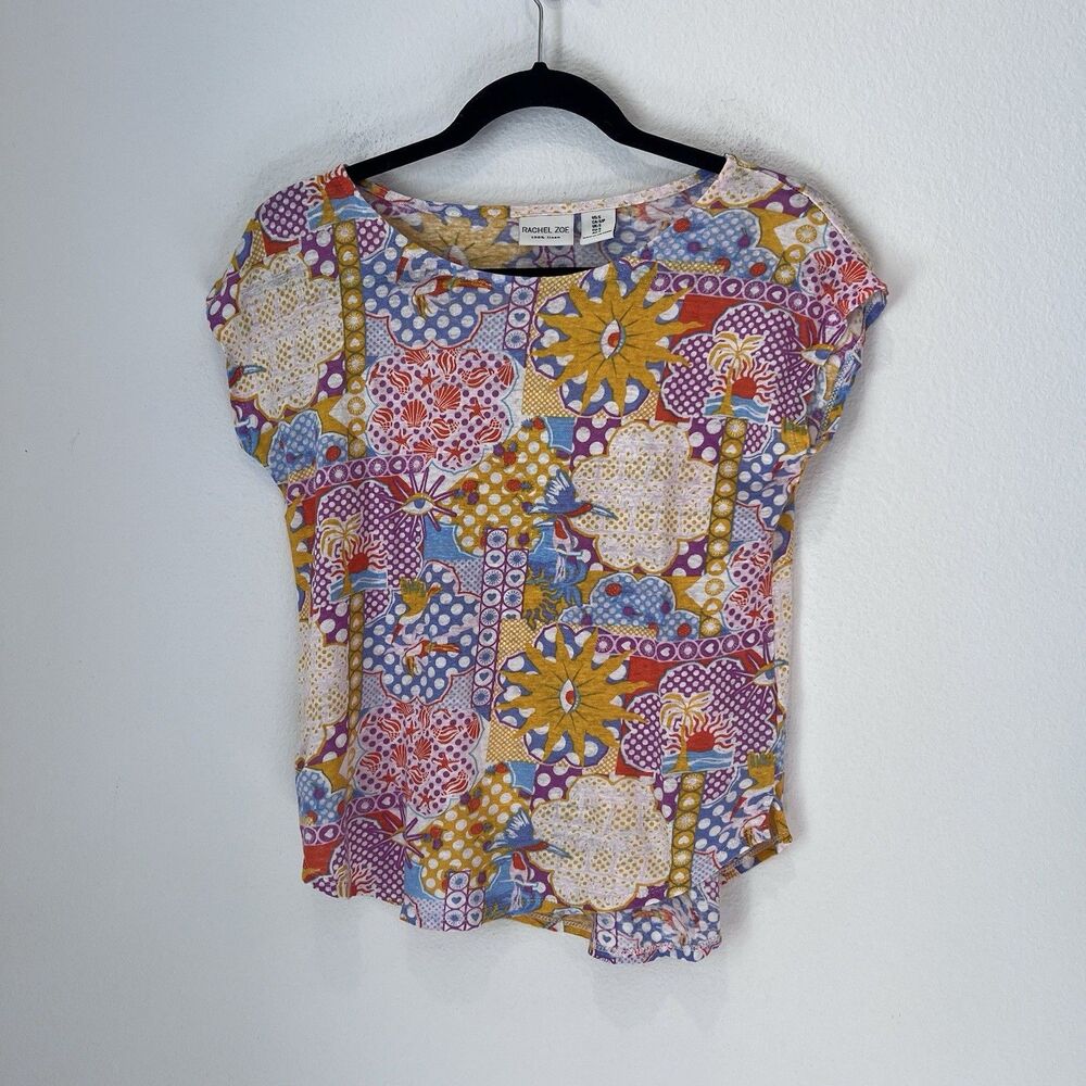 Rachel Zoe T-shirt Womens Small 100% Linen Floral Geometrical Beach Boho Spring